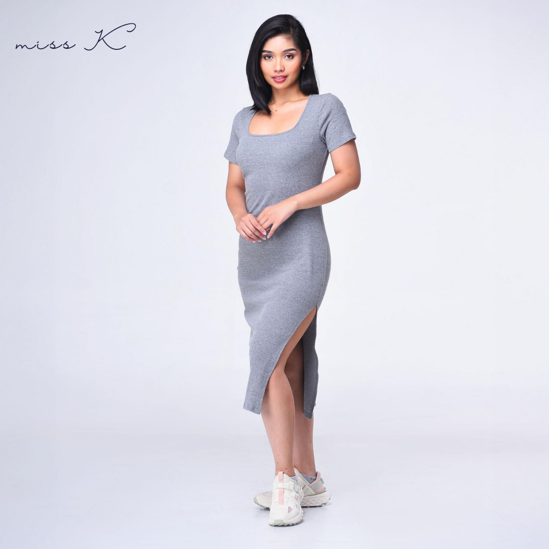 Miss K Liz Dress - Short Sleeve Long Dress with Side Slit