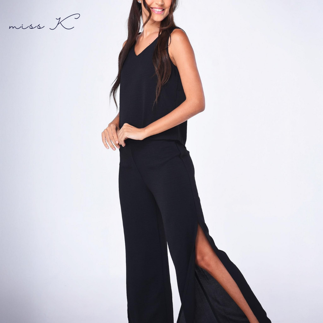 Sabrina Slacks - Pants with Side Slit and Back Garter