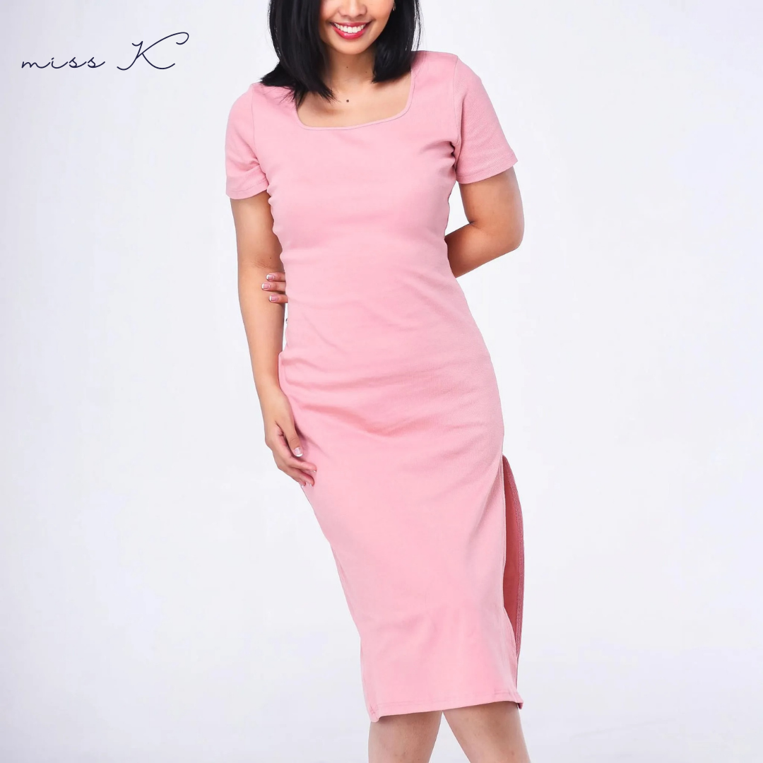Miss K Liz Dress - Short Sleeve Long Dress with Side Slit